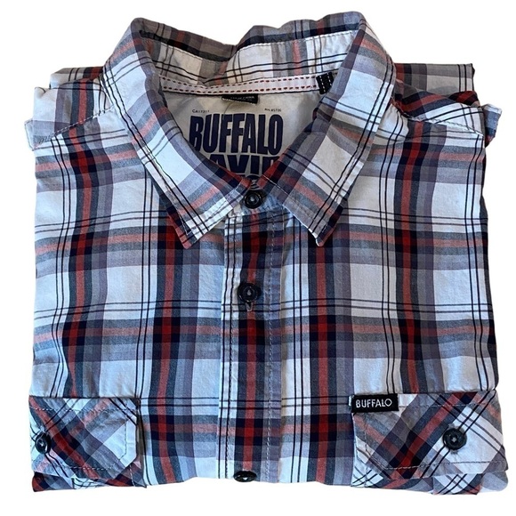 Buffalo David Bitton Men's Large Gray red plaid button up short sleeve shirt - Picture 5 of 6